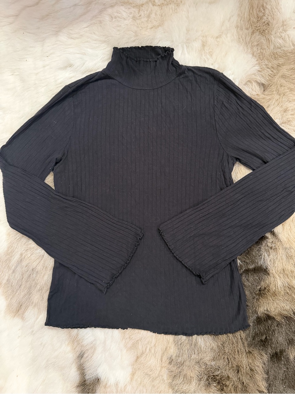Madewell Black Ribbed Mock Neck Scalloped Edge Long Bell Sleeve Top Medium